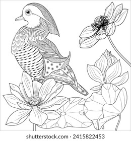 Art therapy coloring page. Birds hand drawn in vintage style with flowers. Asian duck and lilies. The art of linear engraving. Bird concept. Romantic concept.
