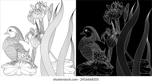 Art therapy coloring page. Birds hand drawn in vintage style with flowers. Asian duck and lilies. The art of linear engraving. Bird concept. Romantic concept.
