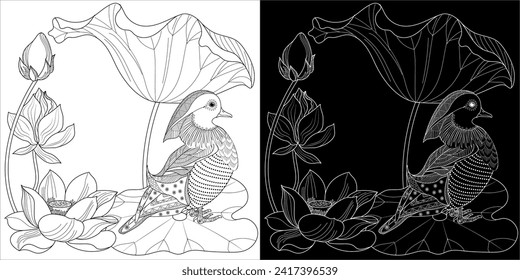 Art therapy coloring page. Birds hand drawn in vintage style with flowers. Asian duck and lilies. The art of linear engraving. Bird concept. Romantic concept.
