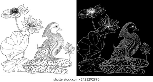 Art therapy coloring page. Birds hand drawn in vintage style with flowers. Asian duck and lilies. The art of linear engraving. Bird concept. Romantic concept.
