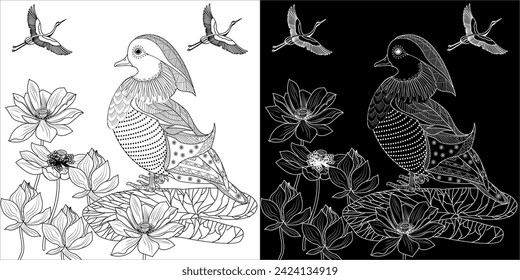 Art therapy coloring page. Birds hand drawn in vintage style with flowers. Asian duck and lilies. The art of linear engraving. Bird concept. Romantic concept.
