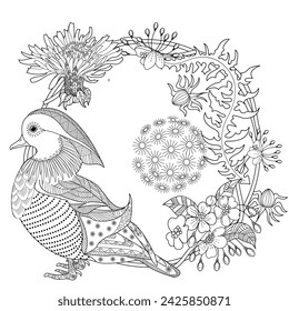 Art therapy coloring page. Birds hand drawn in vintage style with flowers. Asian duck and lilies. The art of linear engraving. Bird concept. Romantic concept.
