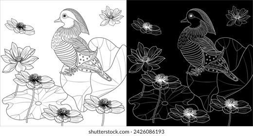 Art therapy coloring page. Birds hand drawn in vintage style with flowers. Asian duck and lilies. The art of linear engraving. Bird concept. Romantic concept.
