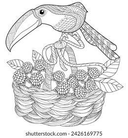 Art therapy coloring page. Birds hand drawn in vintage style with flowers. Toucan and flowers. The art of linear engraving. Romantic concept. 