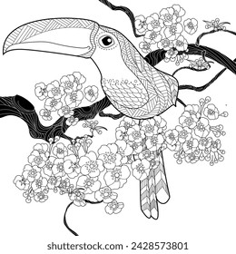 Art therapy coloring page. Birds hand drawn in vintage style with flowers. Toucan and flowers. The art of linear engraving. Romantic concept.