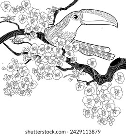 Art therapy coloring page. Birds hand drawn in vintage style with flowers. Toucan and flowers. The art of linear engraving. Romantic concept.