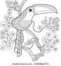 Art therapy coloring page. Birds hand drawn in vintage style with flowers. Toucan and flowers. The art of linear engraving. Romantic concept.