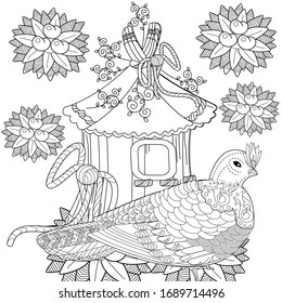 Art therapy coloring page. Coloring Book for adults and children. Colouring pictures with bird and birdhouse. Antistress freehand sketch drawing with doodle and zentangle elements.