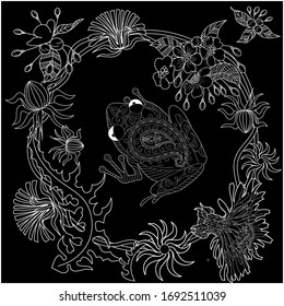 Art therapy coloring page. Coloring Book for adults and children. Colouring pictures with frog and flowers. Antistress freehand sketch drawing with doodle and zentangle elements.