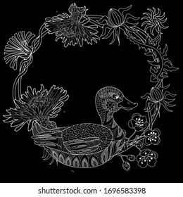 Art therapy coloring page. Coloring Book for adults and children. Colouring pictures with bird and flowers. Antistress freehand sketch drawing with doodle and zentangle elements.