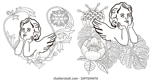 Kunsttherapie-Farbseite. Farbbuch für Erwachsene. Bilder mit Engel färben. Antistress-Freehe und Skizzenzeichnung mit Doodle- und Zentangle-Elementen.