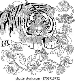 Art therapy coloring page. Coloring Book for adults. Colouring pictures with tiger. Antistress freehand sketch drawing with doodle and zentangle elements.
