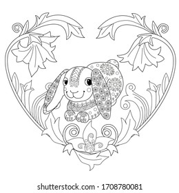 Art therapy coloring page. Coloring Book for adults and children. Colouring pictures with rabbit. Antistress freehand sketch drawing with doodle and zentangle element
