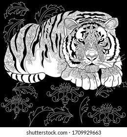 Art therapy coloring page. Coloring Book for adults and children. Colouring pictures with tiger. Antistress freehand sketch drawing with doodle and zentangle elements.
