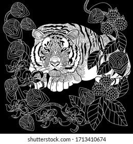 Art therapy coloring page. Coloring Book for adults and children. Colouring pictures with tiger. Antistress freehand sketch drawing with doodle and zentangle elements.