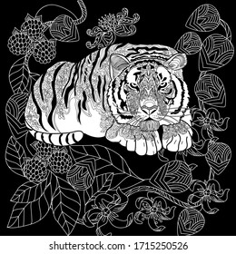 Art therapy coloring page. Coloring Book for adults and children. Colouring pictures with tiger. Antistress freehand sketch drawing with doodle and zentangle elements.
