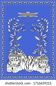 Art therapy coloring page. Coloring Book for adults and children. Colouring pictures with tiger. Antistress freehand sketch drawing with doodle and zentangle elements.