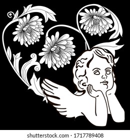 Art therapy coloring page. Coloring Book for adults. Colouring pictures with angel. Antistress freehand sketch drawing with doodle and zentangle elements.