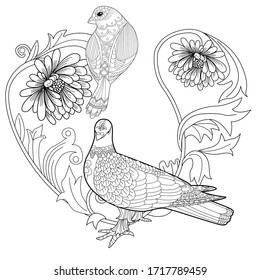 Art therapy coloring page. Coloring Book for adults and children. Colouring pictures with birds and flowers. Antistress freehand sketch drawing with doodle and zentangle elements.