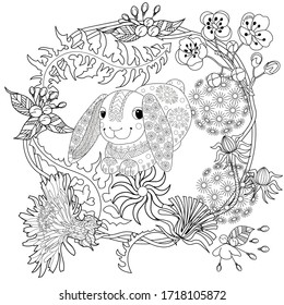 Art therapy coloring page. Coloring Book for adults and children. Colouring pictures with rabbit. Antistress freehand sketch drawing with doodle and zentangle element