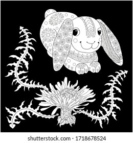 Art therapy coloring page. Coloring Book for adults and children. Colouring pictures with rabbit. Antistress freehand sketch drawing with doodle and zentangle element