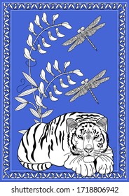Art therapy coloring page. Coloring Book for adults and children. Colouring pictures with tiger. Antistress freehand sketch drawing with doodle and zentangle elements.