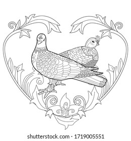 Art therapy coloring page. Coloring Book for adults and children. Colouring pictures with birds and flowers. Antistress freehand sketch drawing with doodle and zentangle elements.