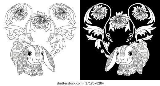 Art therapy coloring page. Coloring Book for adults and children. Colouring pictures with rabbit. Antistress freehand sketch drawing with doodle and zentangle element