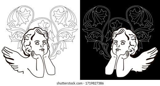 Art therapy coloring page. Coloring Book for adults. Colouring pictures with angel. Antistress freehand sketch drawing with doodle and zentangle elements.