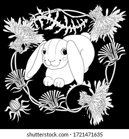 Art therapy coloring page. Coloring Book for adults and children. Colouring pictures with rabbit. Antistress freehand sketch drawing with doodle and zentangle element