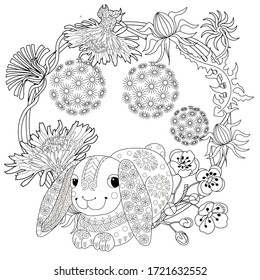 Art therapy coloring page. Coloring Book for adults and children. Colouring pictures with rabbit. Antistress freehand sketch drawing with doodle and zentangle element