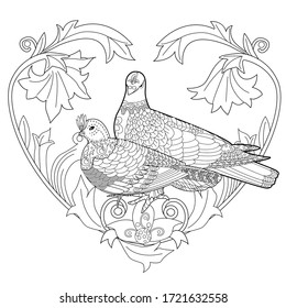 Art therapy coloring page. Coloring Book for adults and children. Colouring pictures with birds and flowers. Antistress freehand sketch drawing with doodle and zentangle elements.