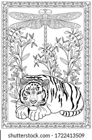 Art therapy coloring page. Coloring Book for adults and children. Colouring pictures with tiger. Antistress freehand sketch drawing with doodle and zentangle elements.