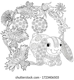 Art therapy coloring page. Coloring Book for adults and children. Colouring pictures with rabbit. Antistress freehand sketch drawing with doodle and zentangle element