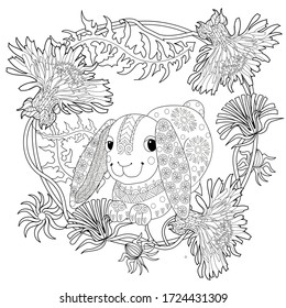 Art therapy coloring page. Coloring Book for adults and children. Colouring pictures with rabbit. Antistress freehand sketch drawing with doodle and zentangle element