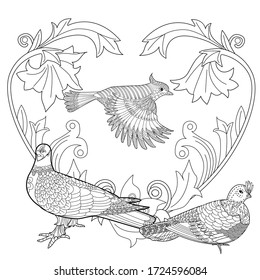 Art therapy coloring page. Coloring Book for adults and children. Colouring pictures with birds and flowers. Antistress freehand sketch drawing with doodle and zentangle elements.
