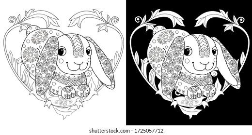 Art therapy coloring page. Coloring Book for adults and children. Colouring pictures with rabbit. Antistress freehand sketch drawing with doodle and zentangle element