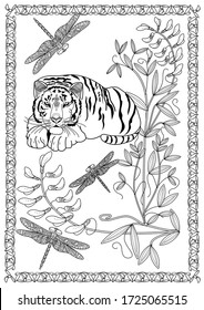 Art therapy coloring page. Coloring Book for adults and children. Colouring pictures with tiger. Antistress freehand sketch drawing with doodle and zentangle elements.