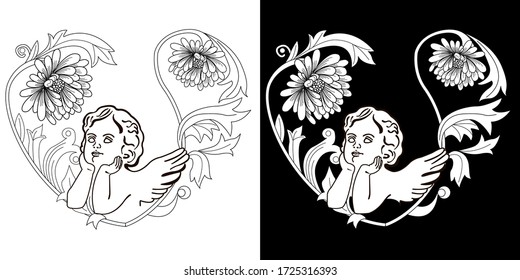 Art therapy coloring page. Coloring Book for adults. Colouring pictures with angel. Antistress freehand sketch drawing with doodle and zentangle elements.