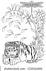 Página de coloreo de la terapia artística. Libro de Colores para adultos y niños. Colocando fotos con tigre. Dibujo de boceto a mano alzada antiestrés con elementos doodle y zentangle.