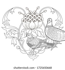 Art therapy coloring page. Coloring Book for adults and children. Colouring pictures with birds and flowers. Antistress freehand sketch drawing with doodle and zentangle elements.