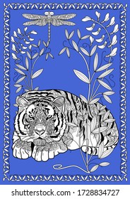 Art therapy coloring page. Coloring Book for adults and children. Colouring pictures with tiger. Antistress freehand sketch drawing with doodle and zentangle elements.
