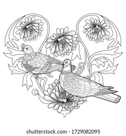 Art therapy coloring page. Coloring Book for adults and children. Colouring pictures with birds and flowers. Antistress freehand sketch drawing with doodle and zentangle elements.