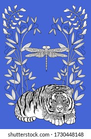 Art therapy coloring page. Coloring Book for adults and children. Colouring pictures with tiger. Antistress freehand sketch drawing with doodle and zentangle elements.