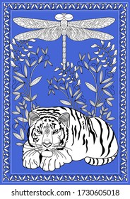 Art therapy coloring page. Coloring Book for adults and children. Colouring pictures with tiger. Antistress freehand sketch drawing with doodle and zentangle elements.