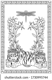 Art therapy coloring page. Coloring Book for adults and children. Colouring pictures with tiger. Antistress freehand sketch drawing with doodle and zentangle elements.