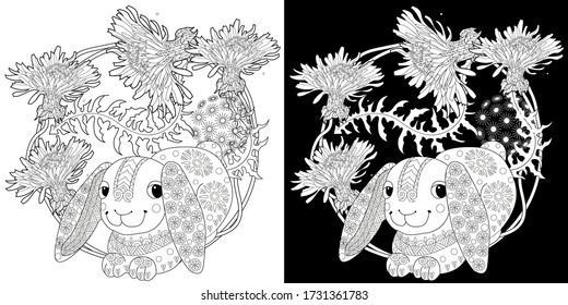 Art therapy coloring page. Coloring Book for adults and children. Colouring pictures with rabbit. Antistress freehand sketch drawing with doodle and zentangle element