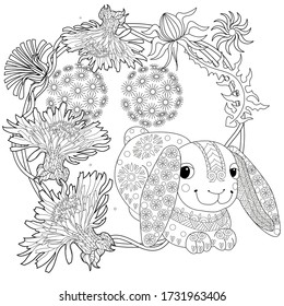Art therapy coloring page. Coloring Book for adults and children. Colouring pictures with rabbit. Antistress freehand sketch drawing with doodle and zentangle element