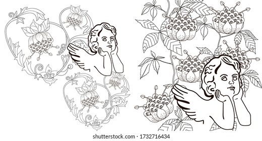 Art therapy coloring page. Coloring Book for adults. Colouring pictures with angel. Antistress freehand sketch drawing with doodle and zentangle elements.