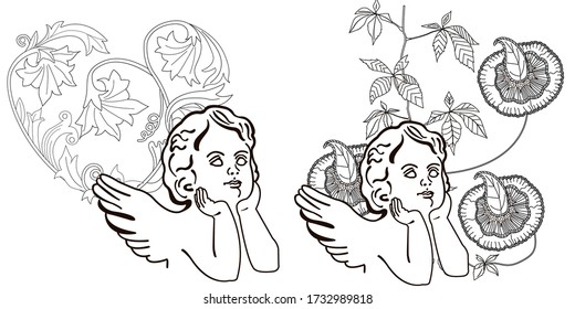 Art therapy coloring page. Coloring Book for adults. Colouring pictures with angel. Antistress freehand sketch drawing with doodle and zentangle elements.